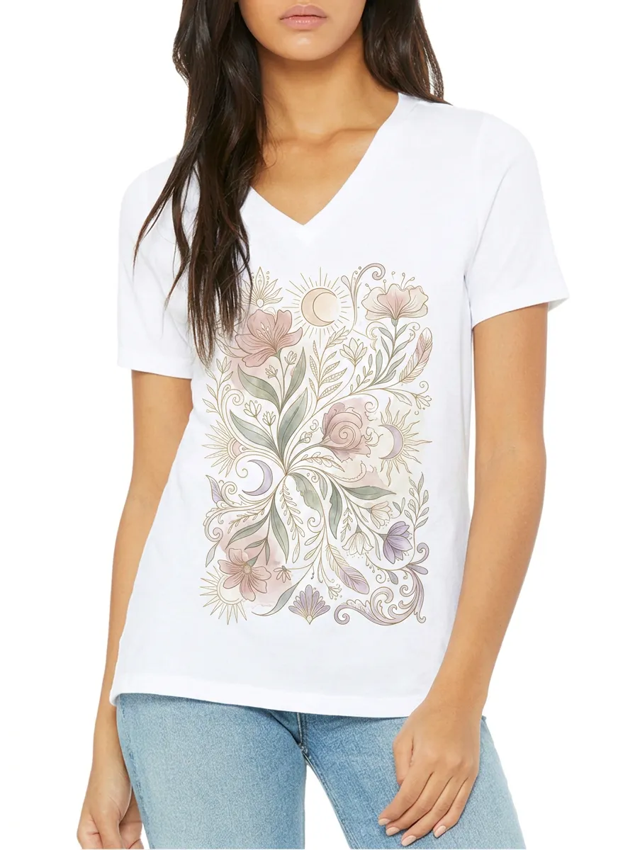 Women's Boho Celestial Floral Sun Moon Printed V-neck T-shirt