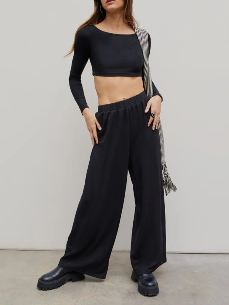 Solid Knitted Crop Top & Wide Leg Trousers Set