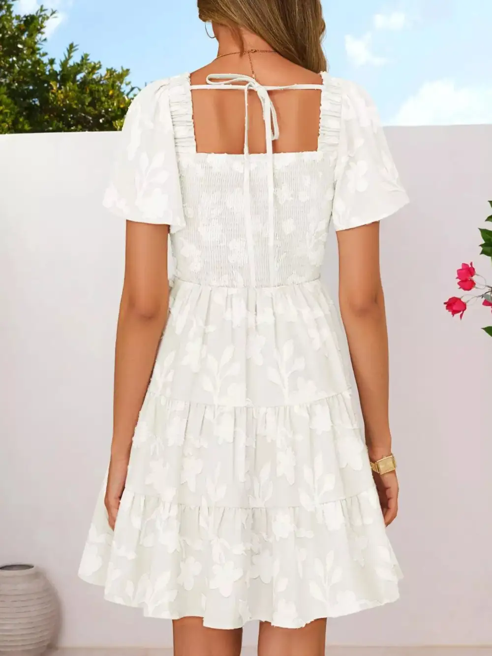 Square Neck Tiered Smocked Mini Dress