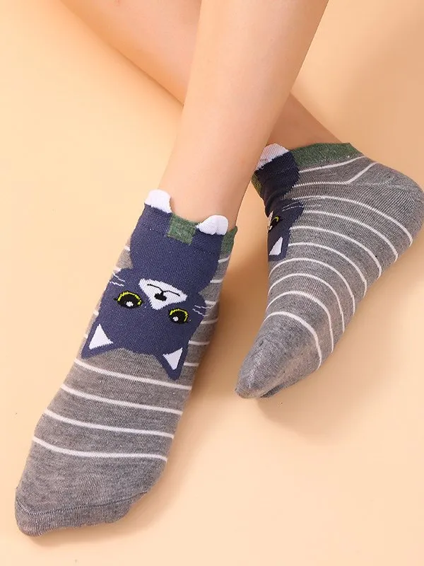 Daily Casual Cat Pattern Striped Cotton Socks Fun Cartoon Accessories