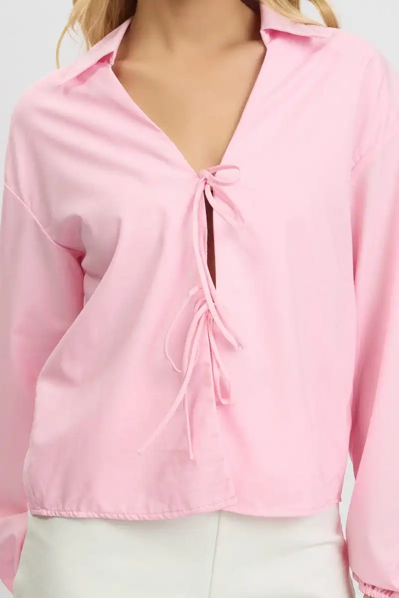 Pink Tie  Up Front Top Long Sleeve