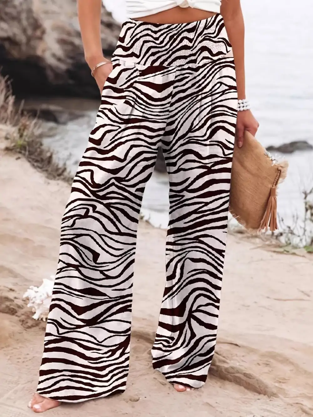 Zebra Print High Waist Wide Leg Pants