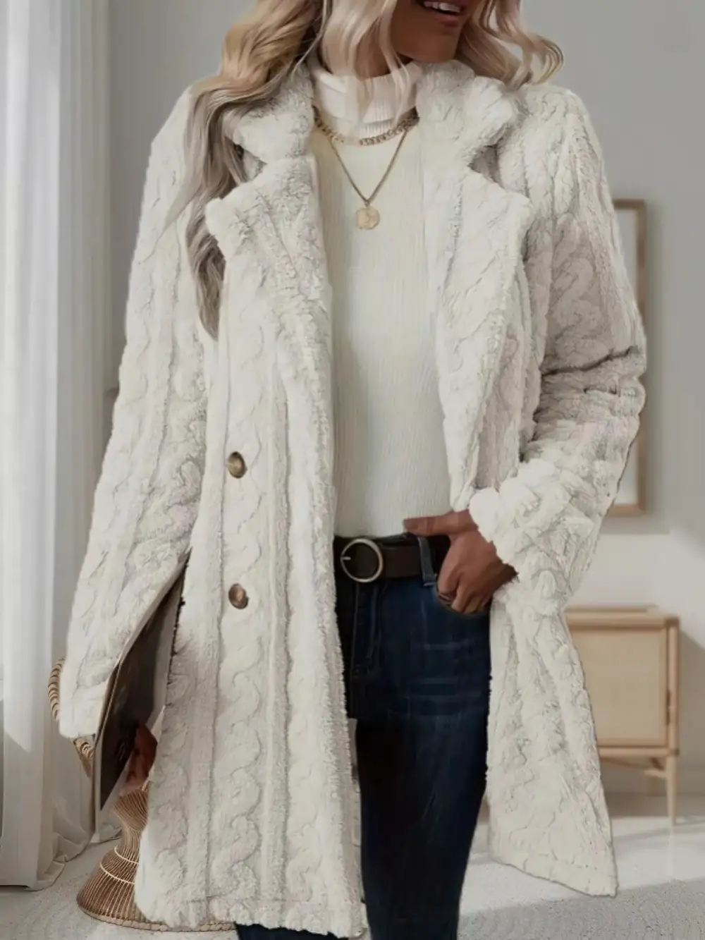 Double-breasted Fleece Longline Coat