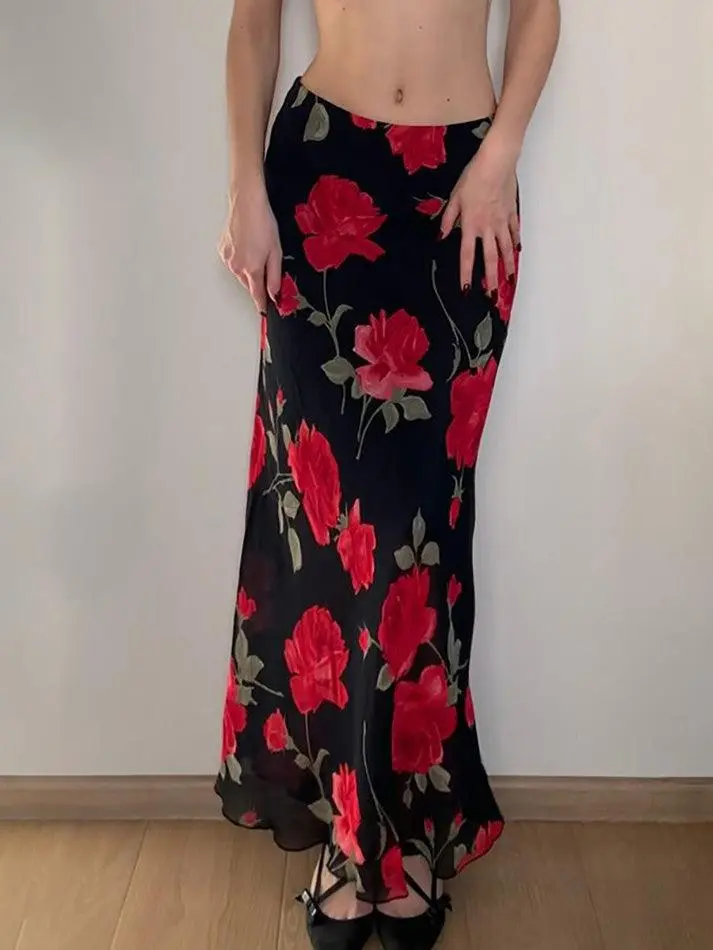 Vintage Floral Print Mesh Layered High-Waist Skirt