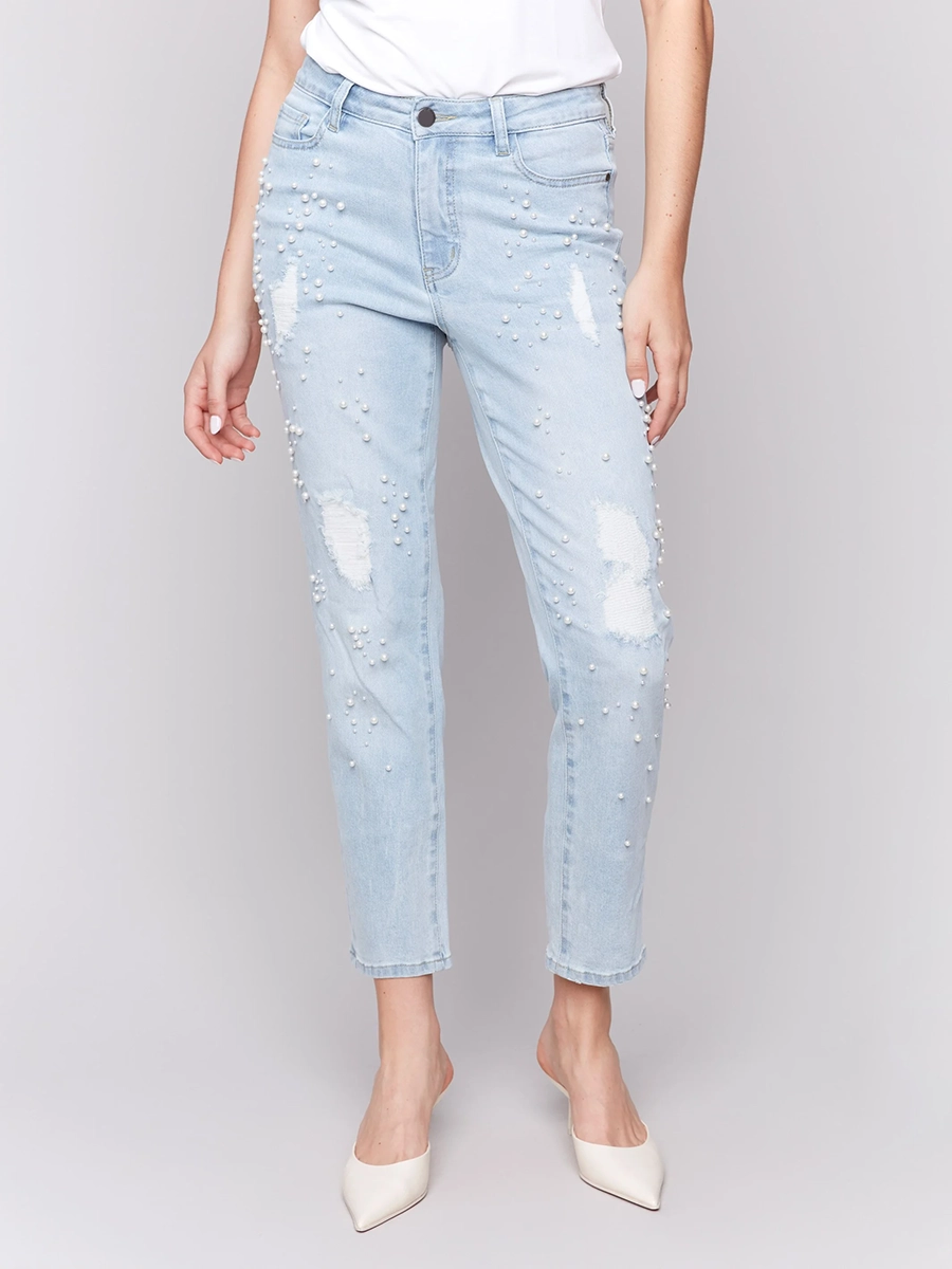 Creative Pearl Fashion Distressed Cotton Jeans
