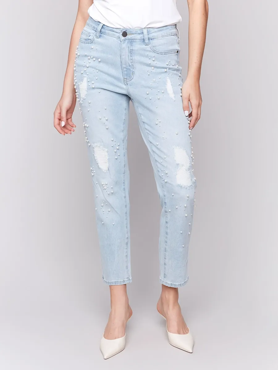 Creative Pearl Fashion Distressed Cotton Jeans