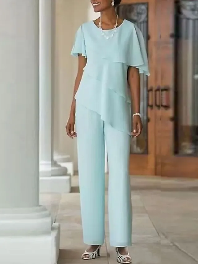 Two Piece Jumpsuit / Pantsuit Mother of the Bride Dress Wedding Guest Elegant Cape Dress Plus Size Jewel Neck Floor Length Chiffon Short Sleeve with Cascading Ruffles 2024