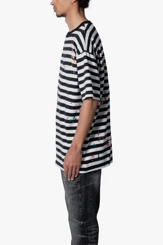 BLACK AND WHITE STRIPED PAINT SPLATTER T-SHIRT