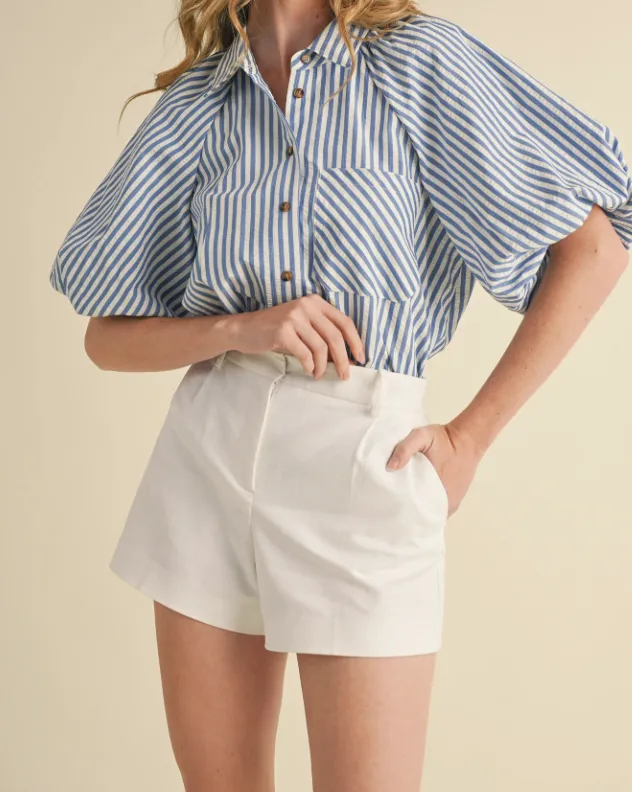 Striped Bubble Sleeve Button Front Top