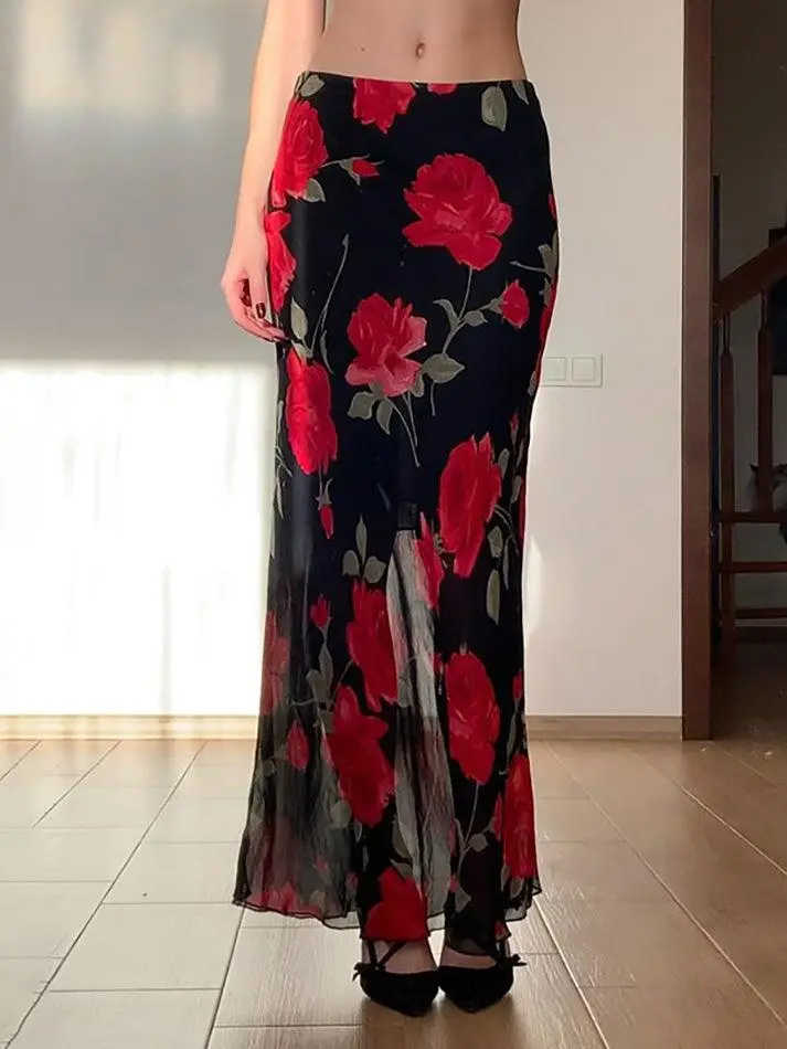 Vintage Floral Print Mesh Layered High-Waist Skirt