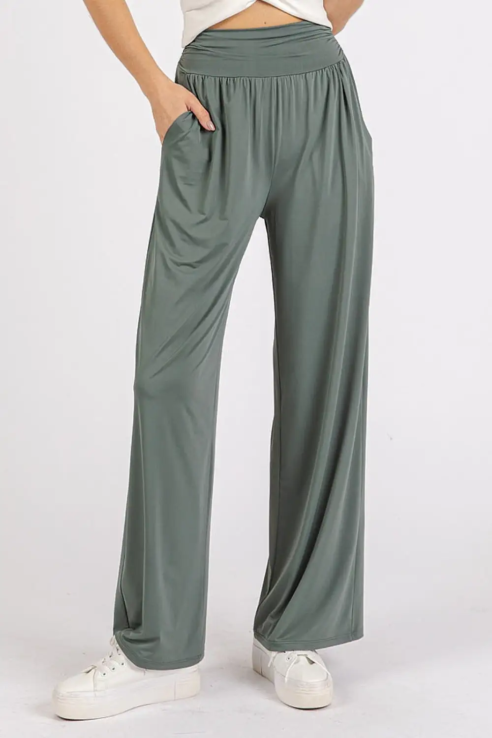 Stretch Banded Waist Wide Leg Pants With Pockets