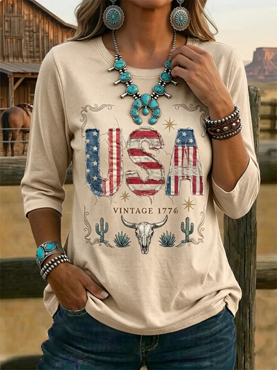 Women's Vintage USA Print Casual Half-sleeve Top