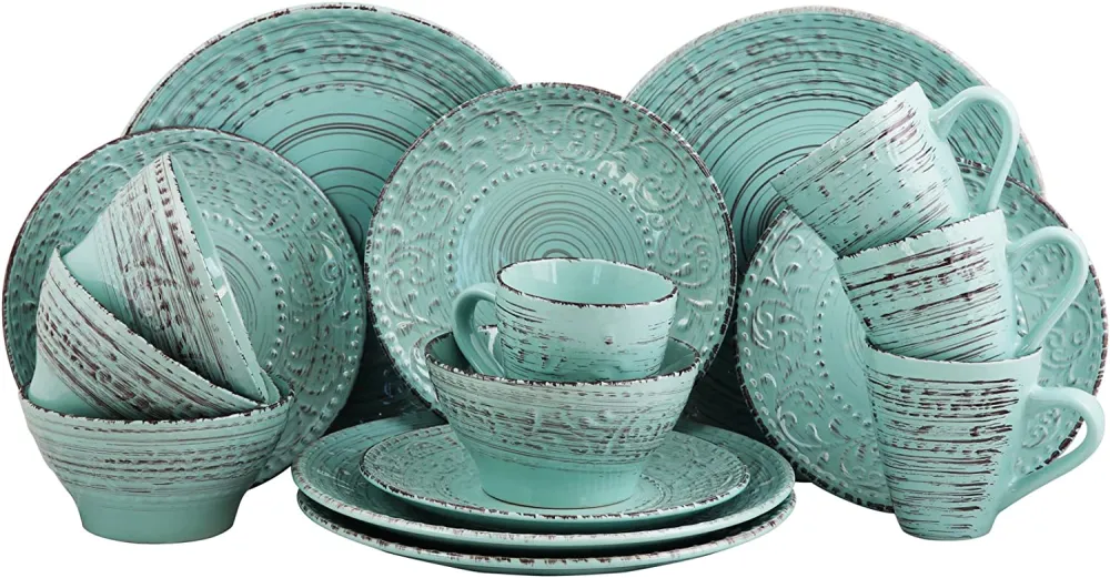 Elama Embossed Stoneware Ocean Dinnerware Dish Set, 16 Piece, Turquoise