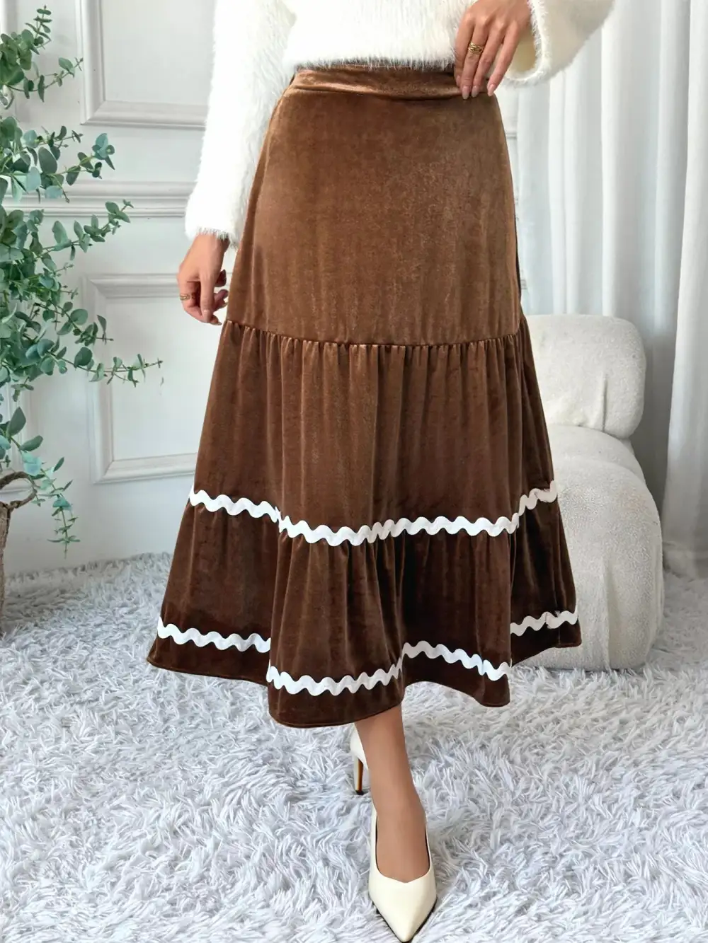 Tiered Velvet Midi Skirt