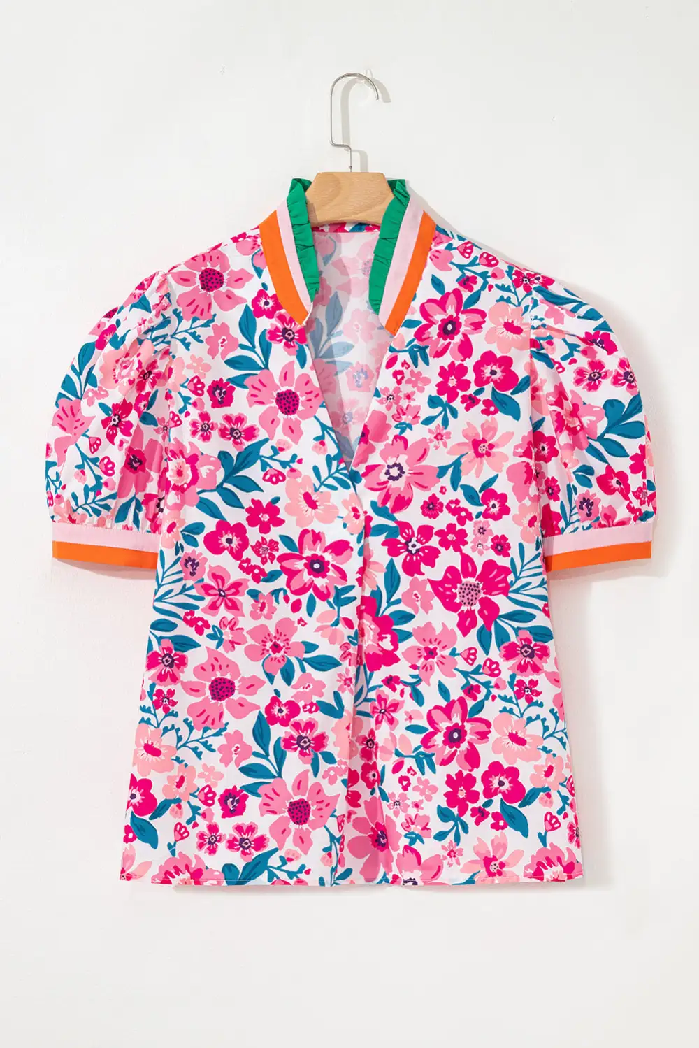 Pink Floral Print Contrast Striped Detail Short Sleeve Blouse