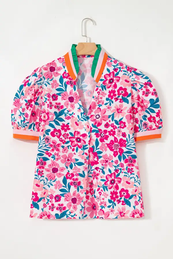 Pink Floral Print Contrast Striped Detail Short Sleeve Blouse