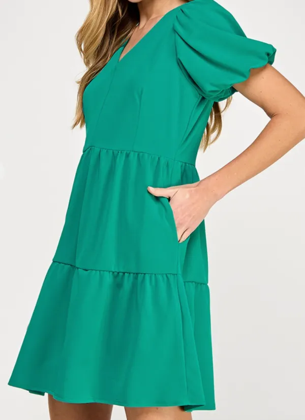 Puff Sleeve V Neck Dress