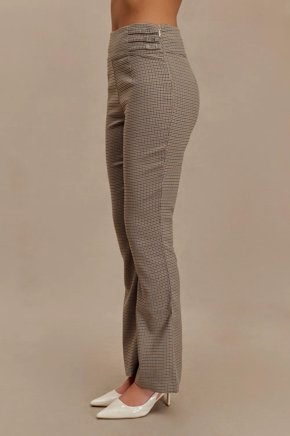 Mid Rise Buckle Straight Leg Pant