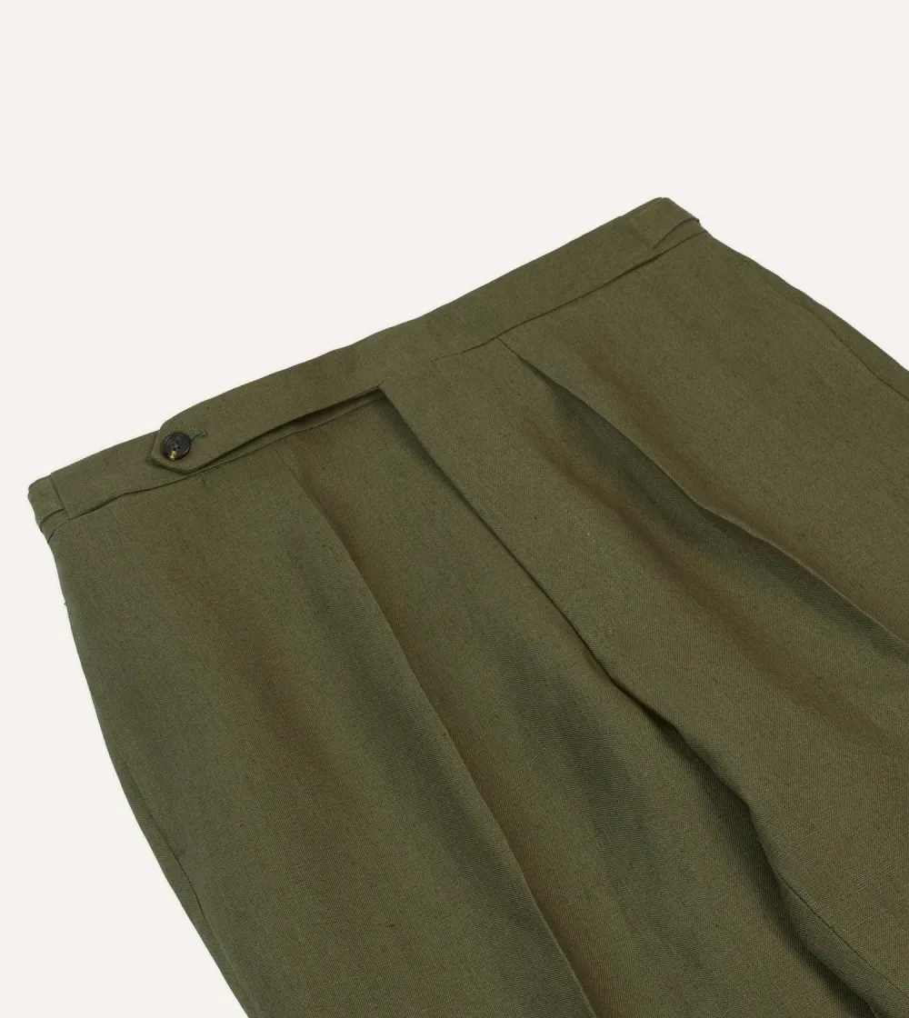 Olive Irish Linen Single Pleat Trouser Casual Style
