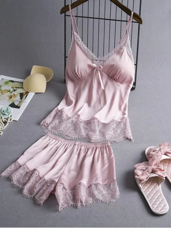 Casual Lace Plain Loose Pajama Set