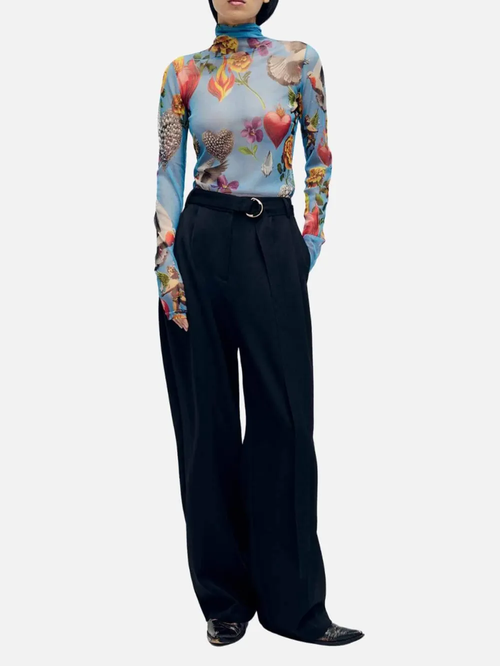Mesh Printed Long Sleeve High Neck Top