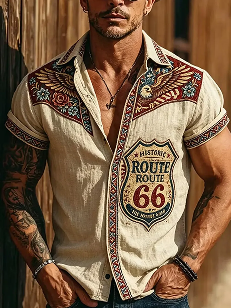 Men's Vintage Western Print Short Sleeve Shirt