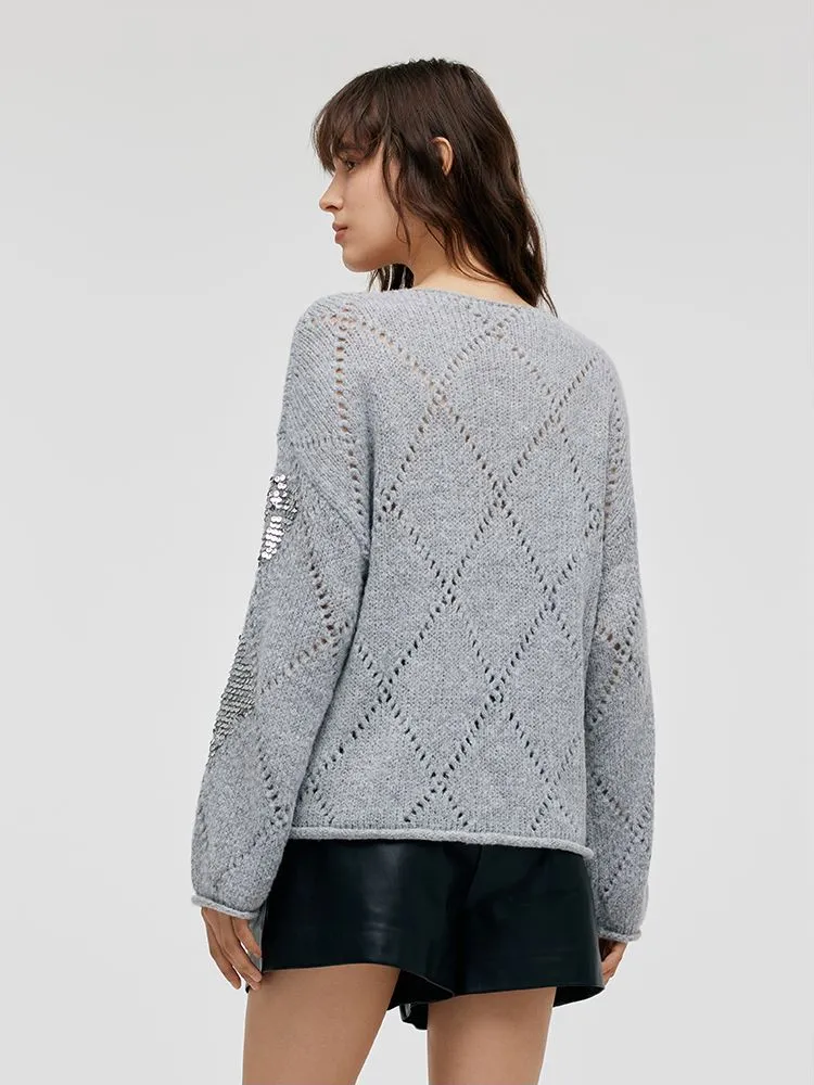 Mohair Argyle Sequins Pullover Women Sweater