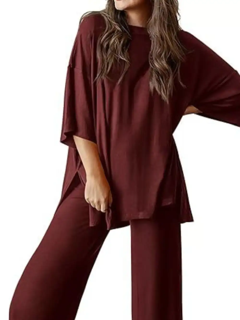 Relaxed Fit Round Neck Top and Pants Two Piece Set