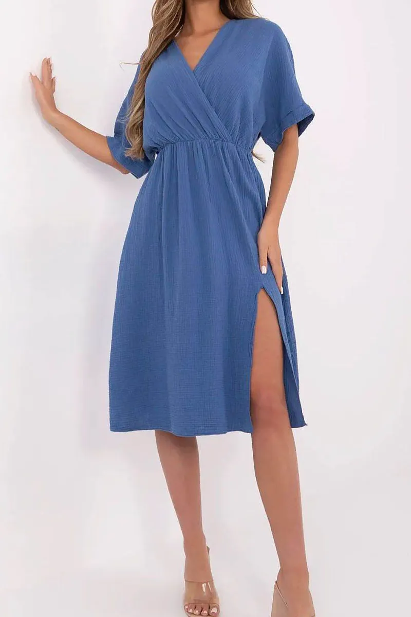 Airy Cotton Muslin Wrap Midi Dress With Elastic Waistband And Short Sleeve