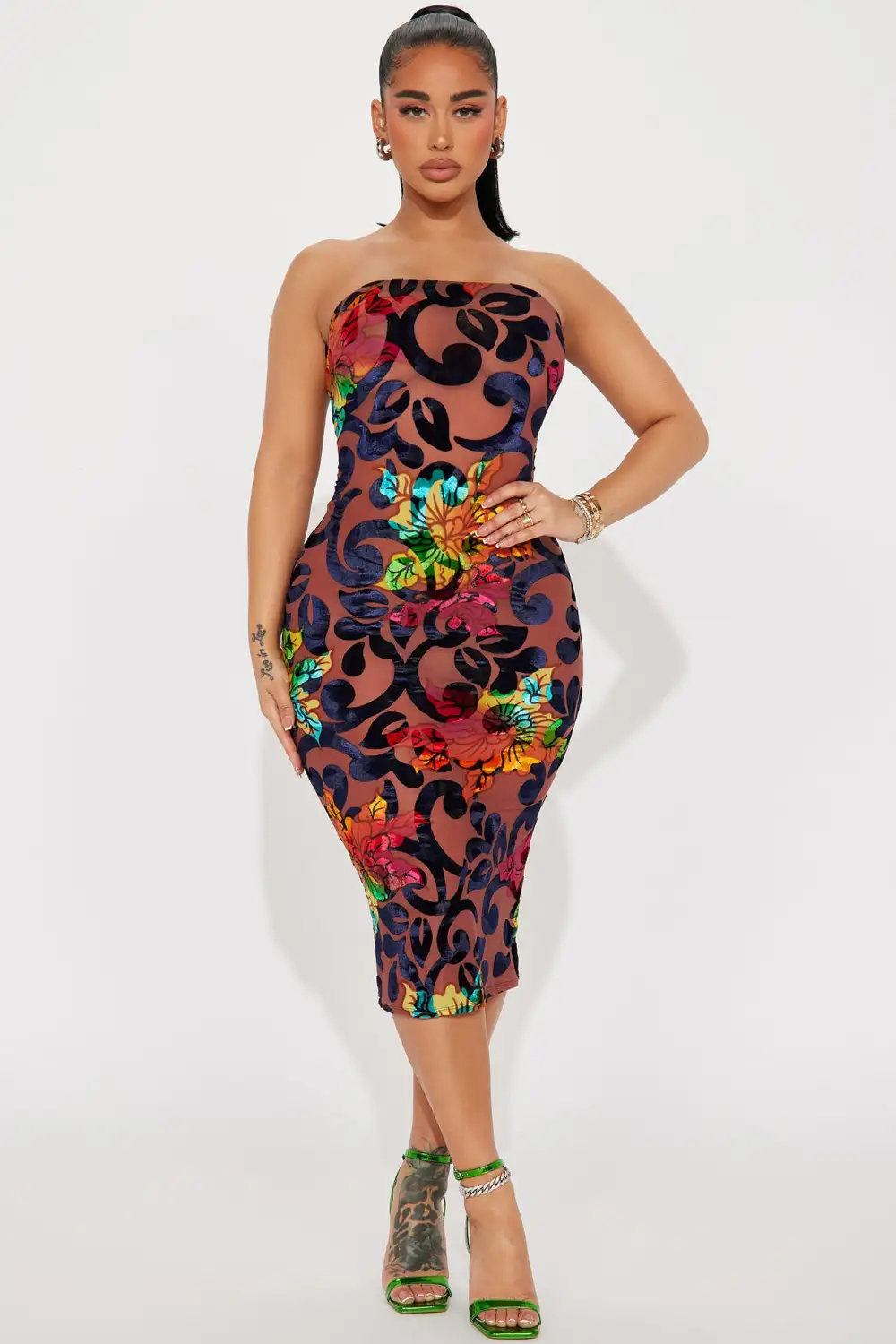 Nalini Velvet Burnout Midi Dress - Brown