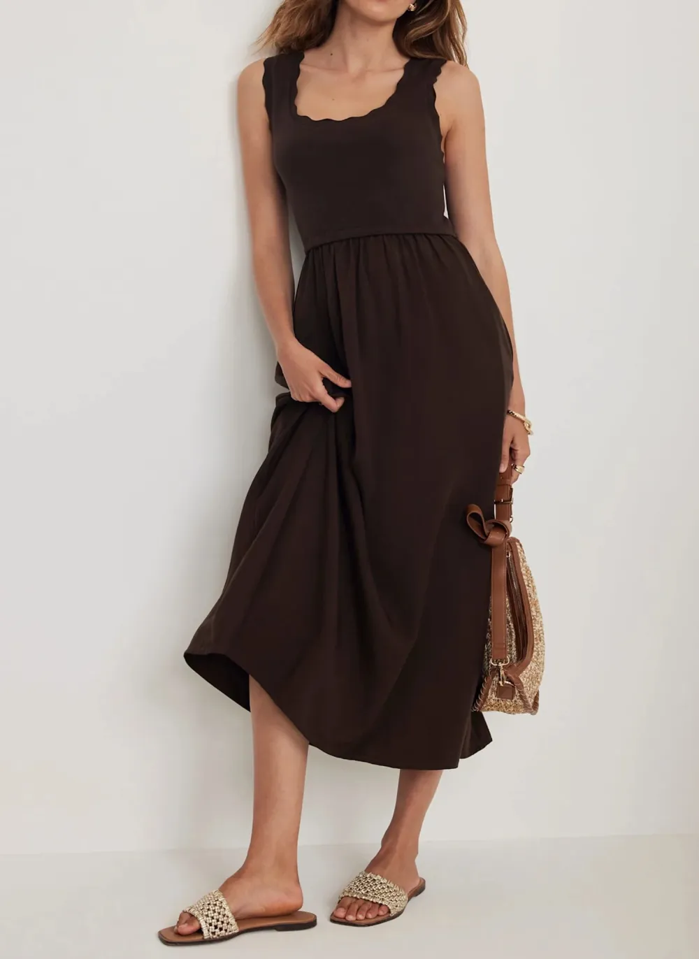 Casual Style Scallop Trim Midi Dress