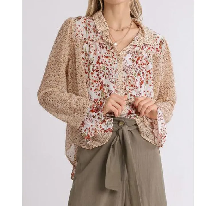 Full Size Mixed Print Metallic Detail Long Ruffle Sleeve Button Down Shirt Plus Size