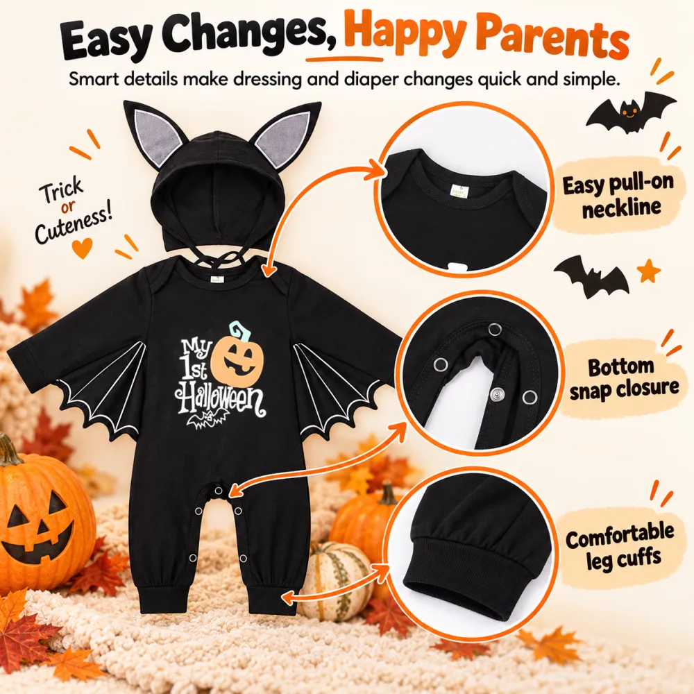Halloween Skeleton Print Baby Romper Bat Costume Pumpkin Onesie with Hat