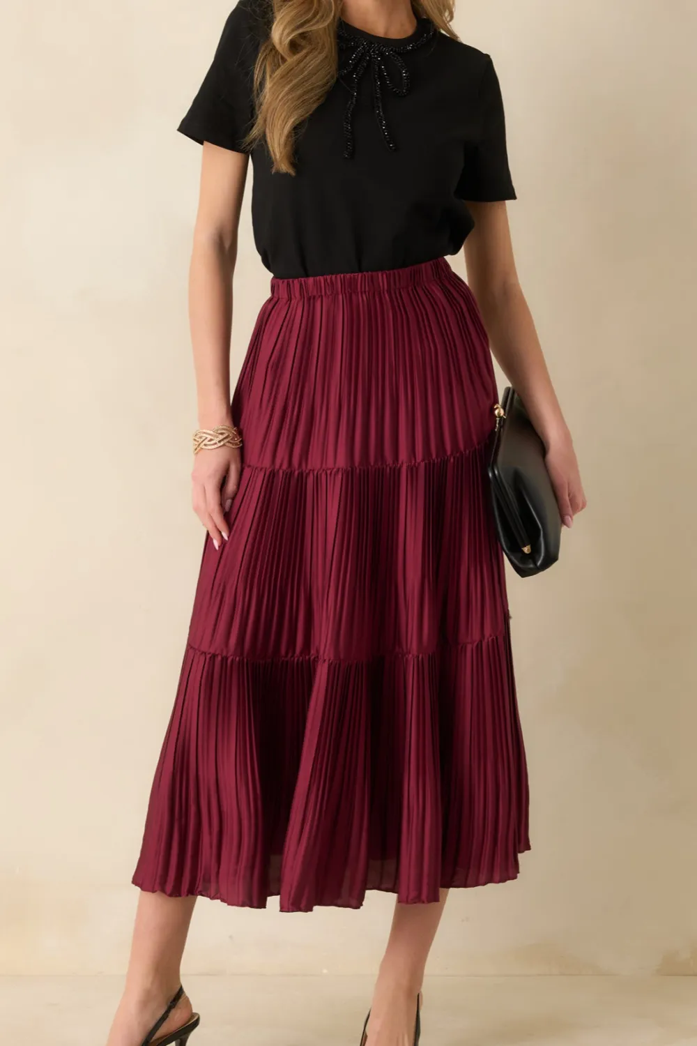 Tiered Pleated Midi Skirt