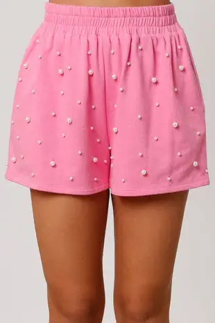 Peach Love Solid Color Shorts with Pearls in Pink