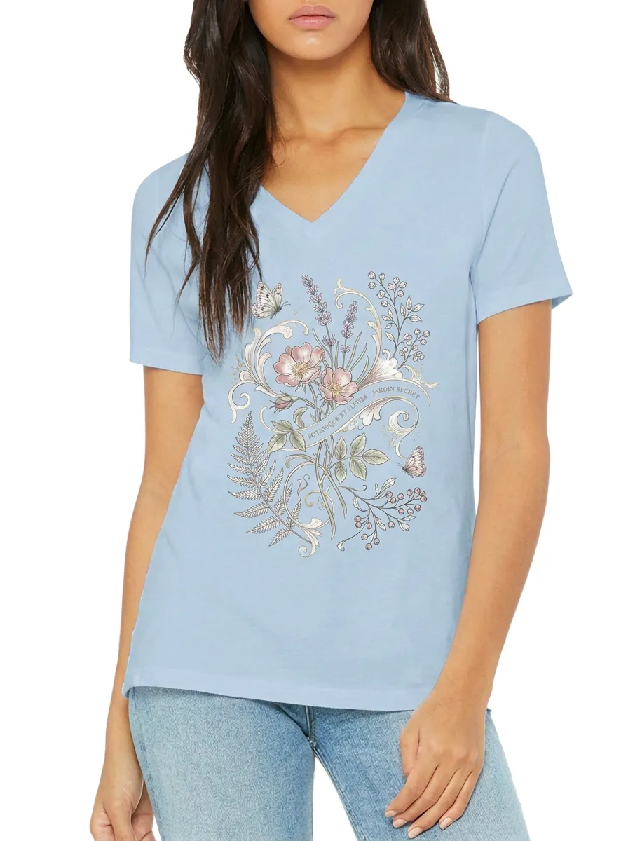 Women's Botanical Garden Butterfly Floral Printed V-Neck T-Shirt