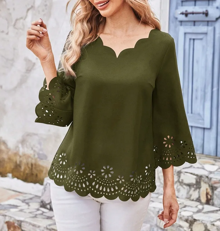 Women's Scallop Cut Out V-Neck Blouse