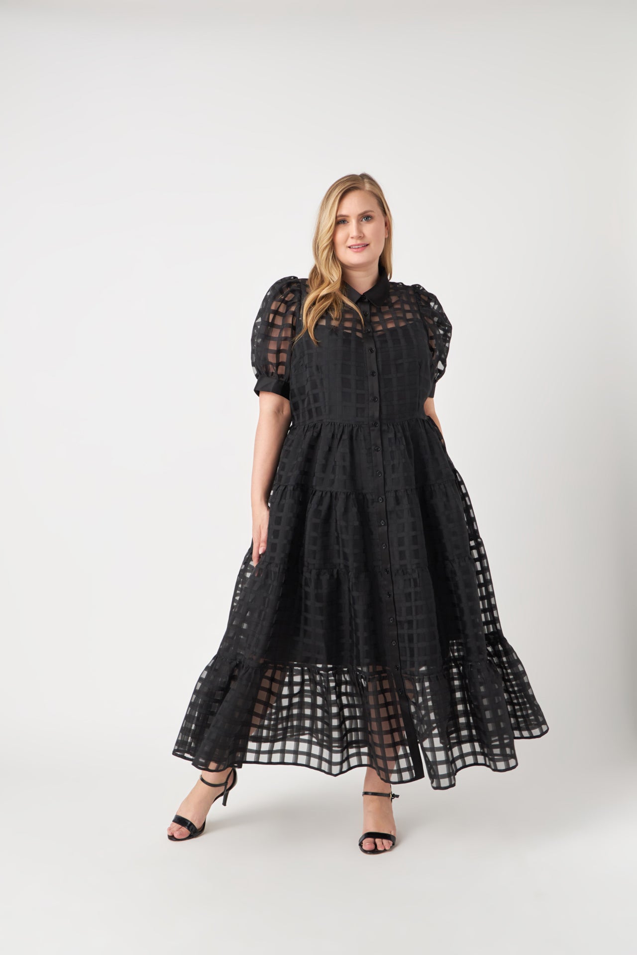 Gridded Organza Tiered Maxi Dress