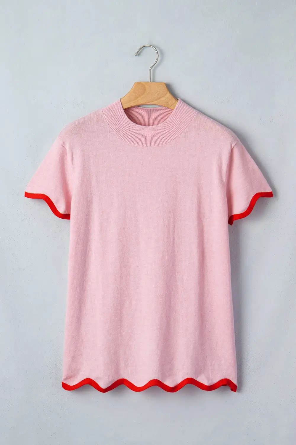 Stand Neck Contrast Wavy Trim Short Sleeve Sweater