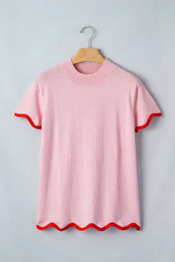 Stand Neck Contrast Wavy Trim Short Sleeve Sweater