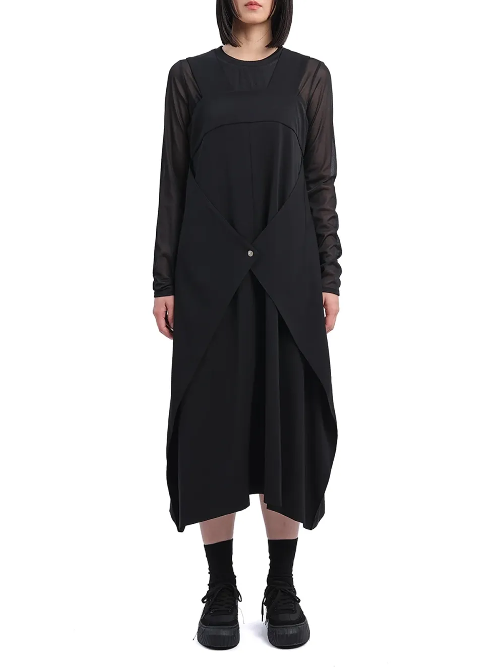 Sheer Sleeve Asymmetric Hem Midi Dress