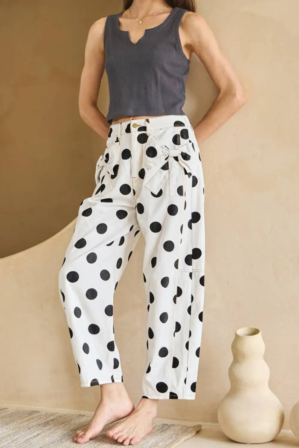 Modern Polka Dot Print Bow Detail Pocketed Jeans