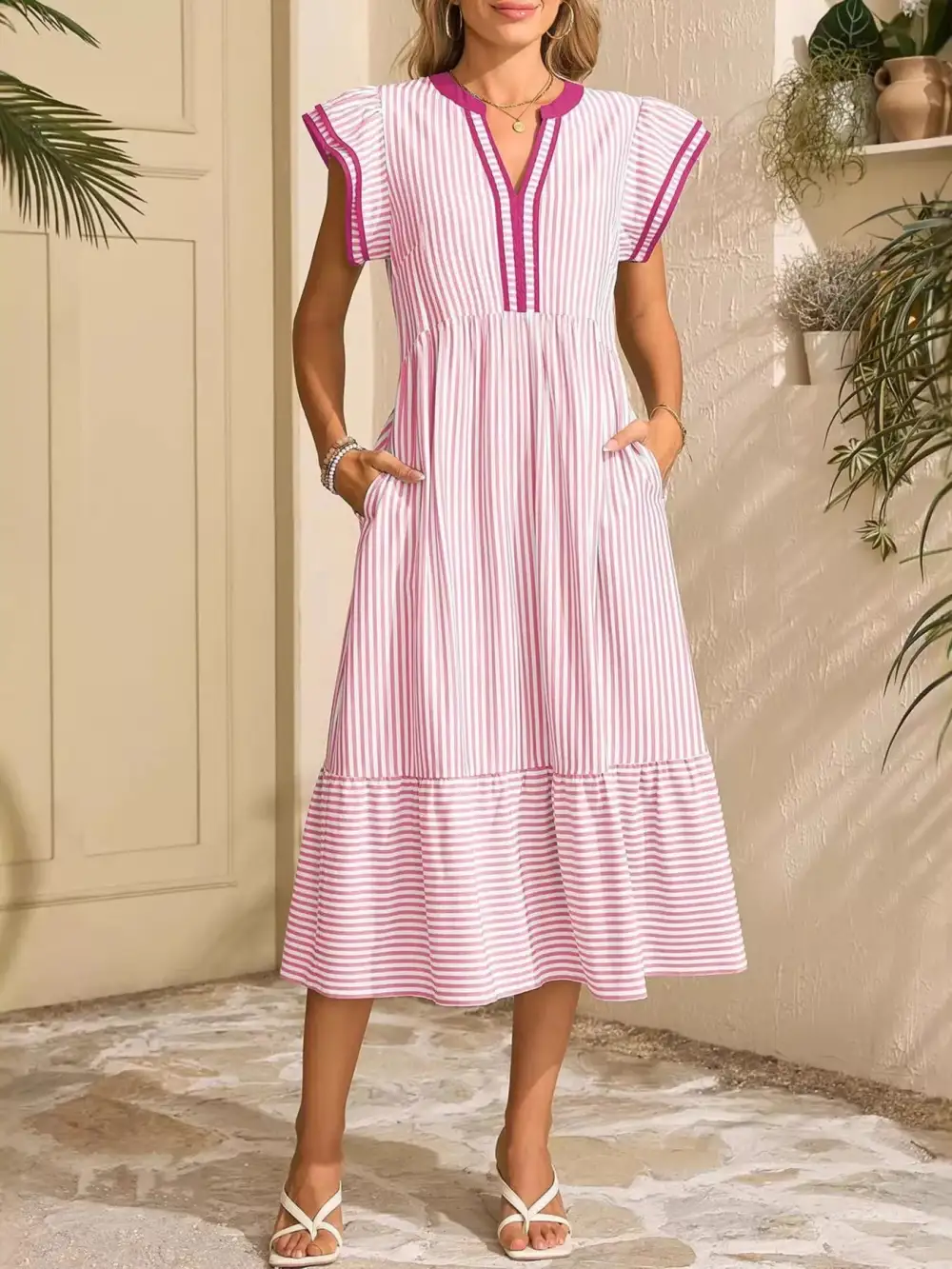 Striped Ruffle Dress Casual