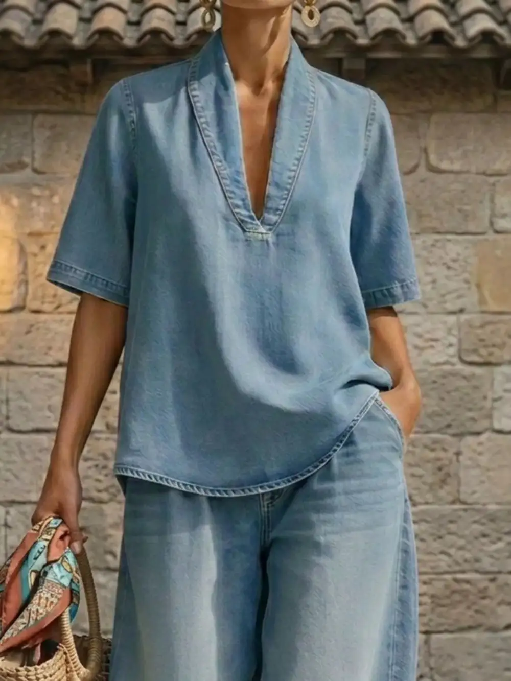 Half Sleeve Top and Wide Leg Pants Set