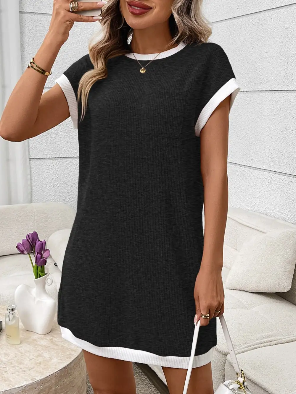 Ribbed Knit Pocketed Mini Dress