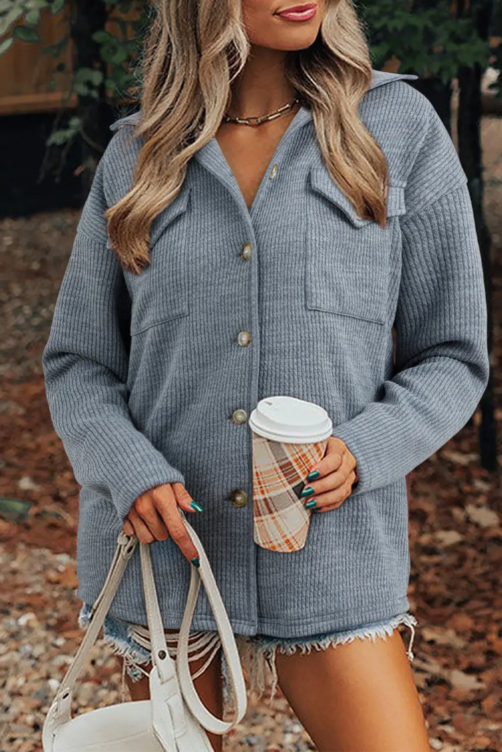 Medium Ribbed Knit Buttons Front Flap Pocket Casual Shirt Jacket