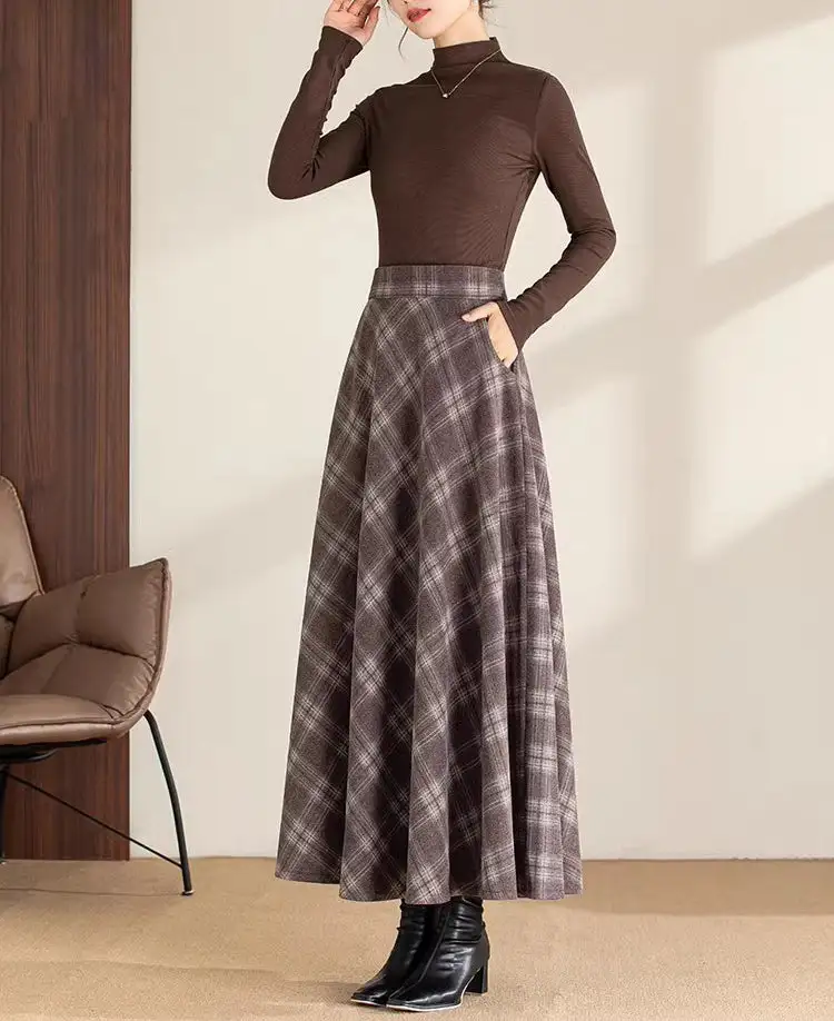 Relaxed Plaid Wool A Line Maxi Skirt