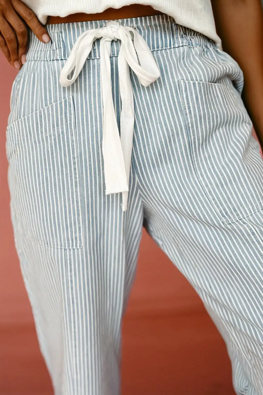 Stripe Mid Rise Drawstring Waist Jeans