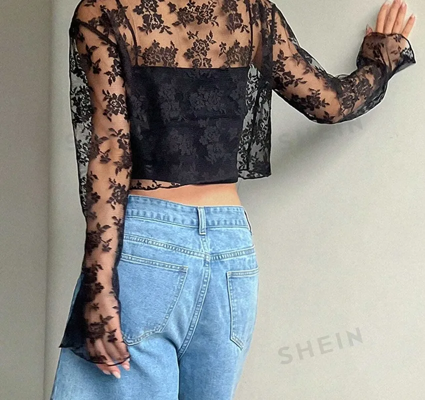 Women's Sheer Round-Neck Long-Sleeve Blouse