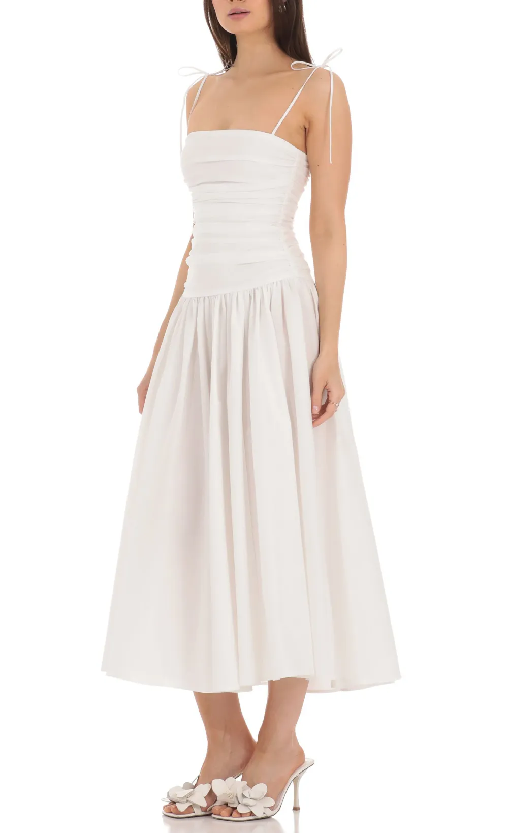 Ruched Square Neck Midi Dress in White